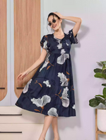 Mangai Nighties Navy Leaf Print Rayon Flared Zipless Maxi