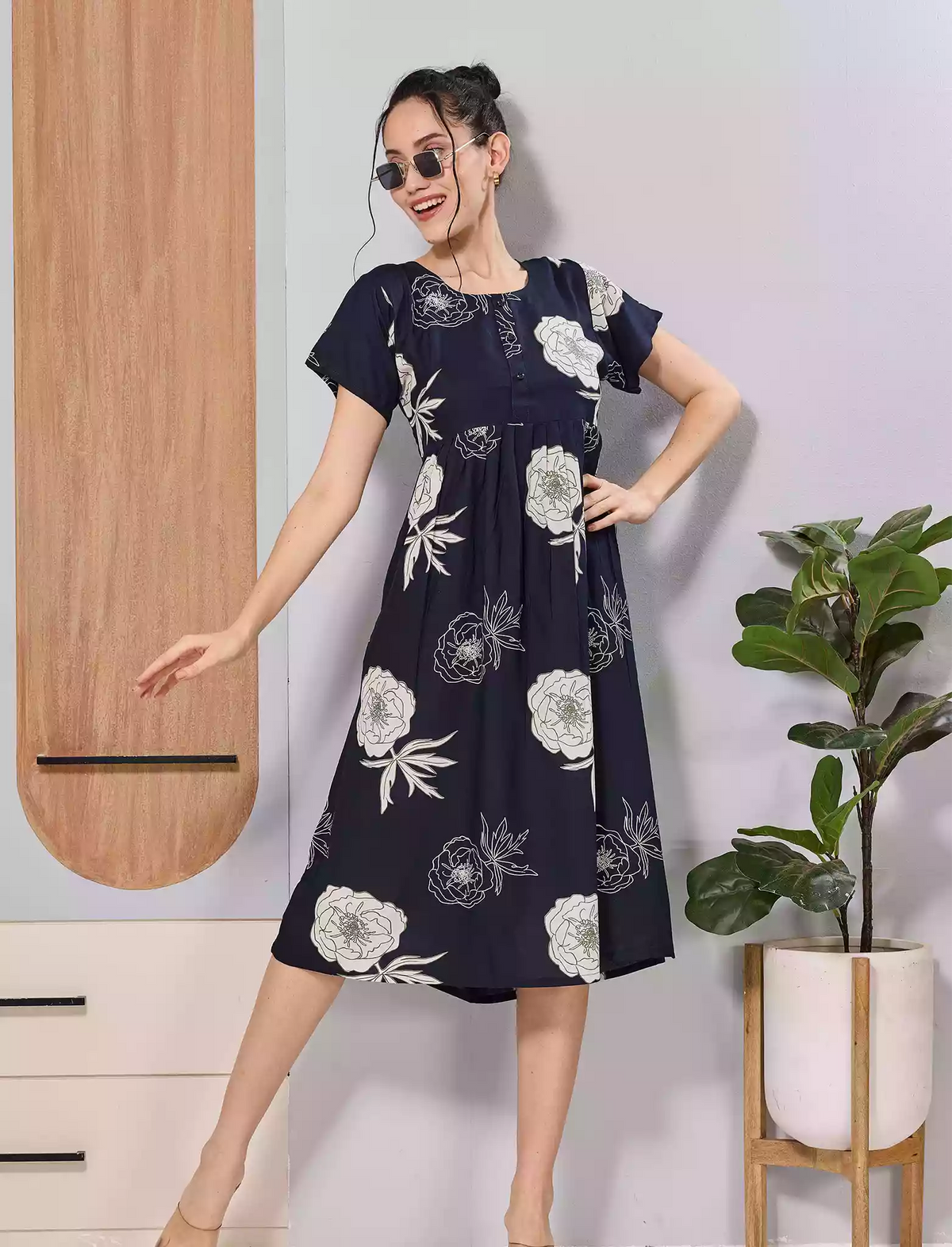 Navy Floral Print Zipless Soft Rayon Maxi Frock with Side Pocket - Mangai Nighties