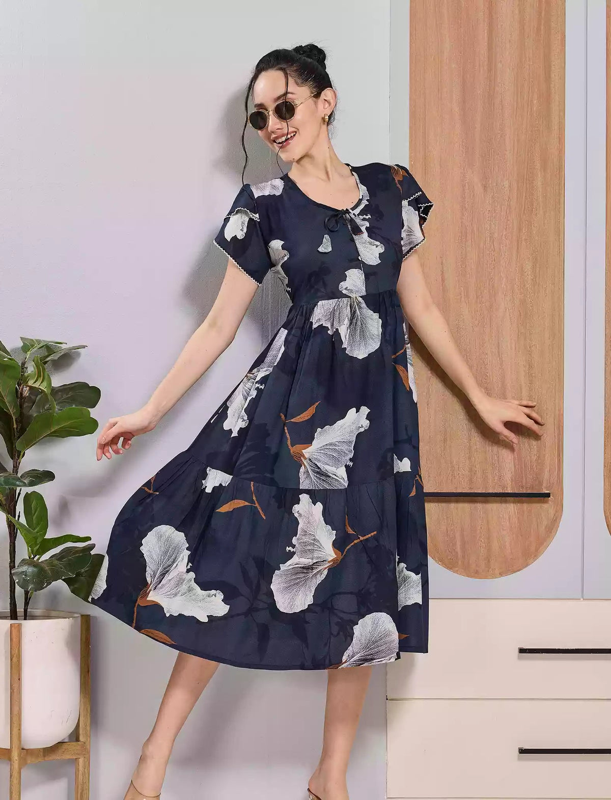 Mangai Nighties Navy Leaf Print Rayon Flared Zipless Maxi