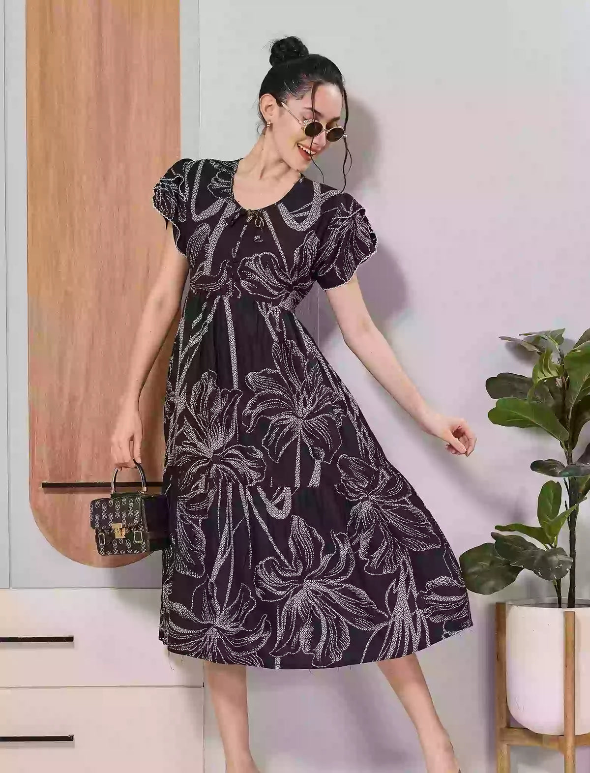 Navy Floral Print Petal Sleeve Casual Rayon Maxi for Women - Mangai Nighties 