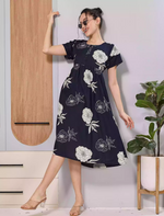 Navy Floral Print Zipless Soft Rayon Maxi Frock with Side Pocket - Mangai Nighties