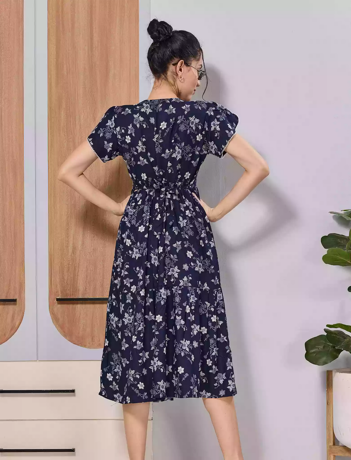 Navy Blue Floral Rayon Maxi Frock Nighty with Pocket - Mangai Nighties