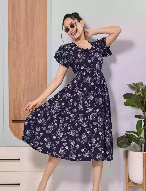 Women's Navy Blue Floral Print Rayon Maxi with Bow tie - Mangai Nighties 