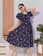 Navy Blue Floral Rayon Maxi Frock Nighty with Pocket - Mangai Nighties
