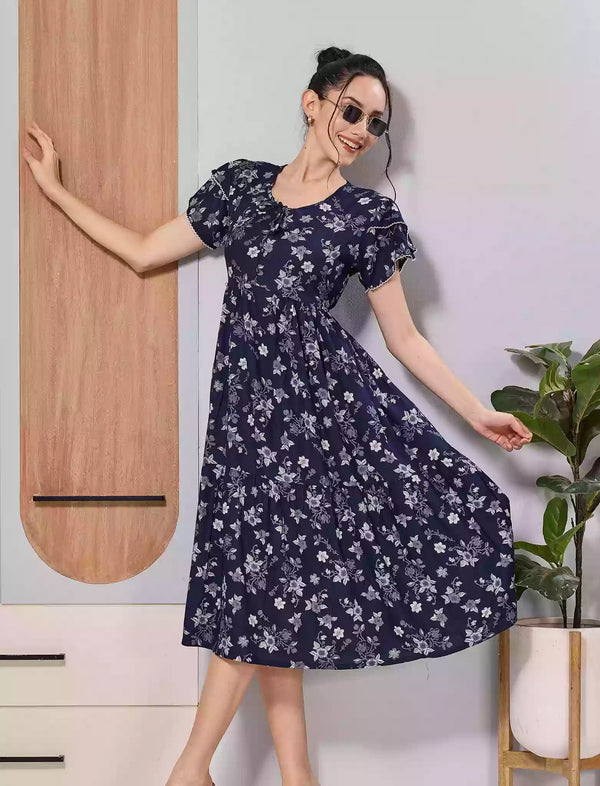 Navy Blue Floral Rayon Maxi Frock with Side Pocket - Mangai Nighties