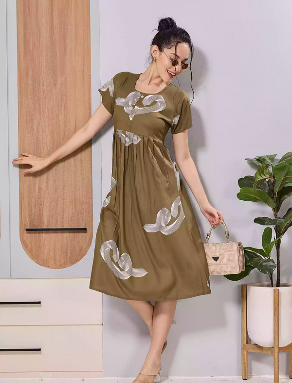 Olive Green Abstract Print Soft Rayon Front Button Maxi Frock