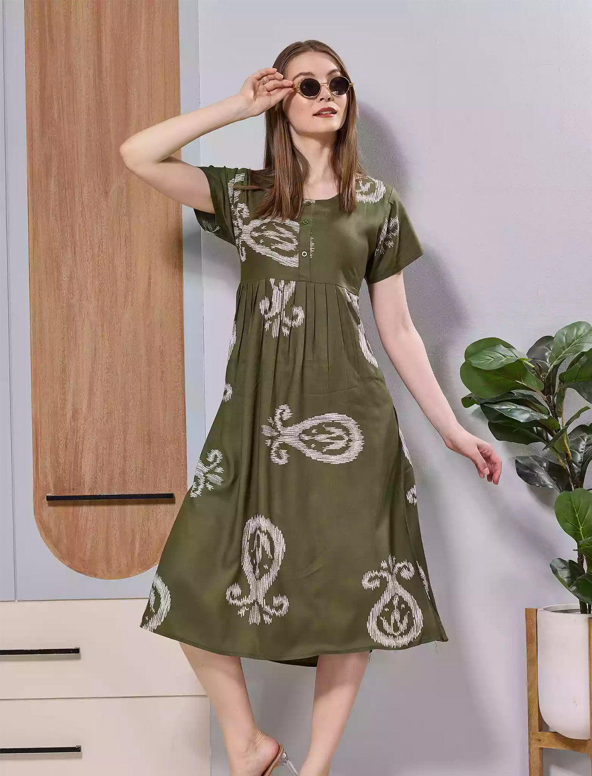 Black Paisley Print Rayon Maxi Frock with Front Button & Side Pocket - Mangai Nighties