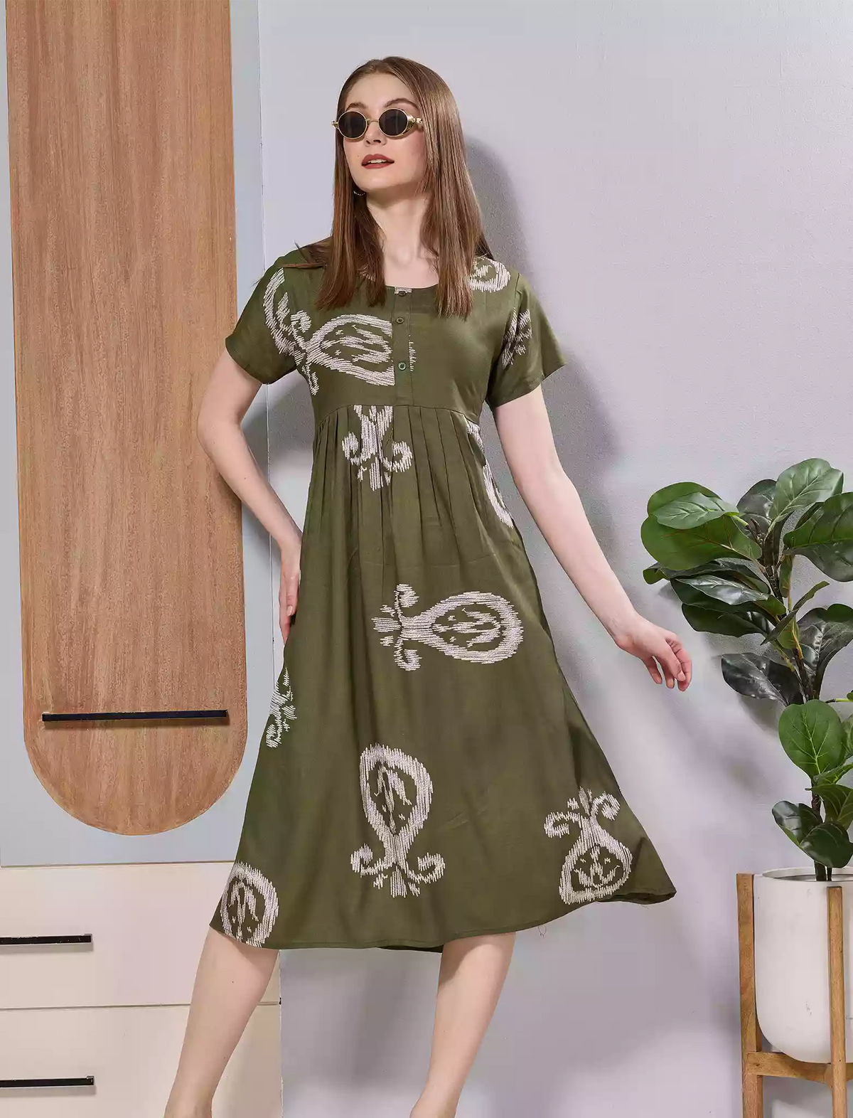 Black Paisley Print Rayon Maxi Frock with Front Button & Side Pocket - Mangai Nighties