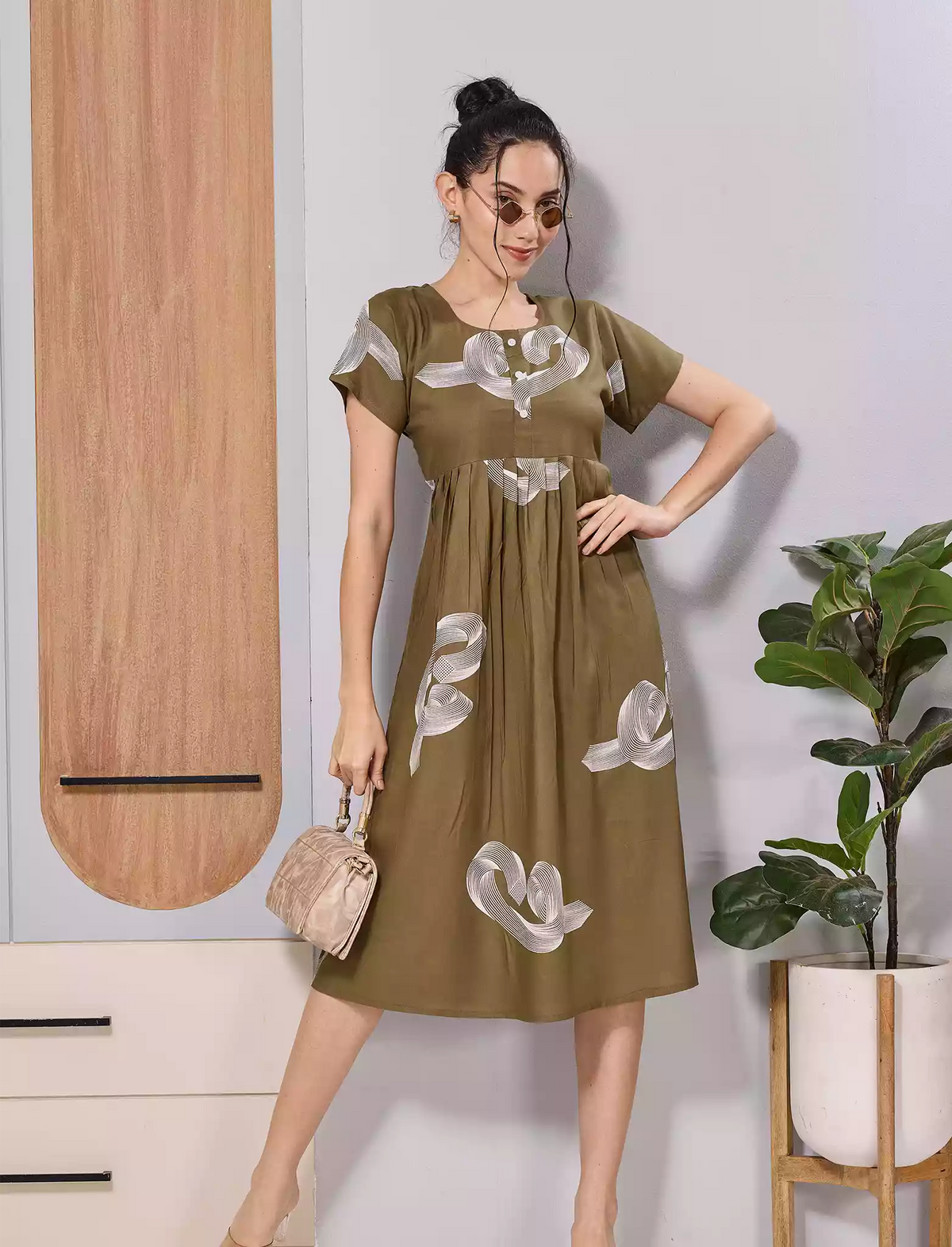 Olive Green Abstract Print Rayon Maxi Frock | Zipless Maxi & Side Pocket - Mangai Nighties