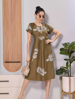 Olive Green Abstract Print Rayon Maxi Frock | Zipless Maxi & Side Pocket - Mangai Nighties