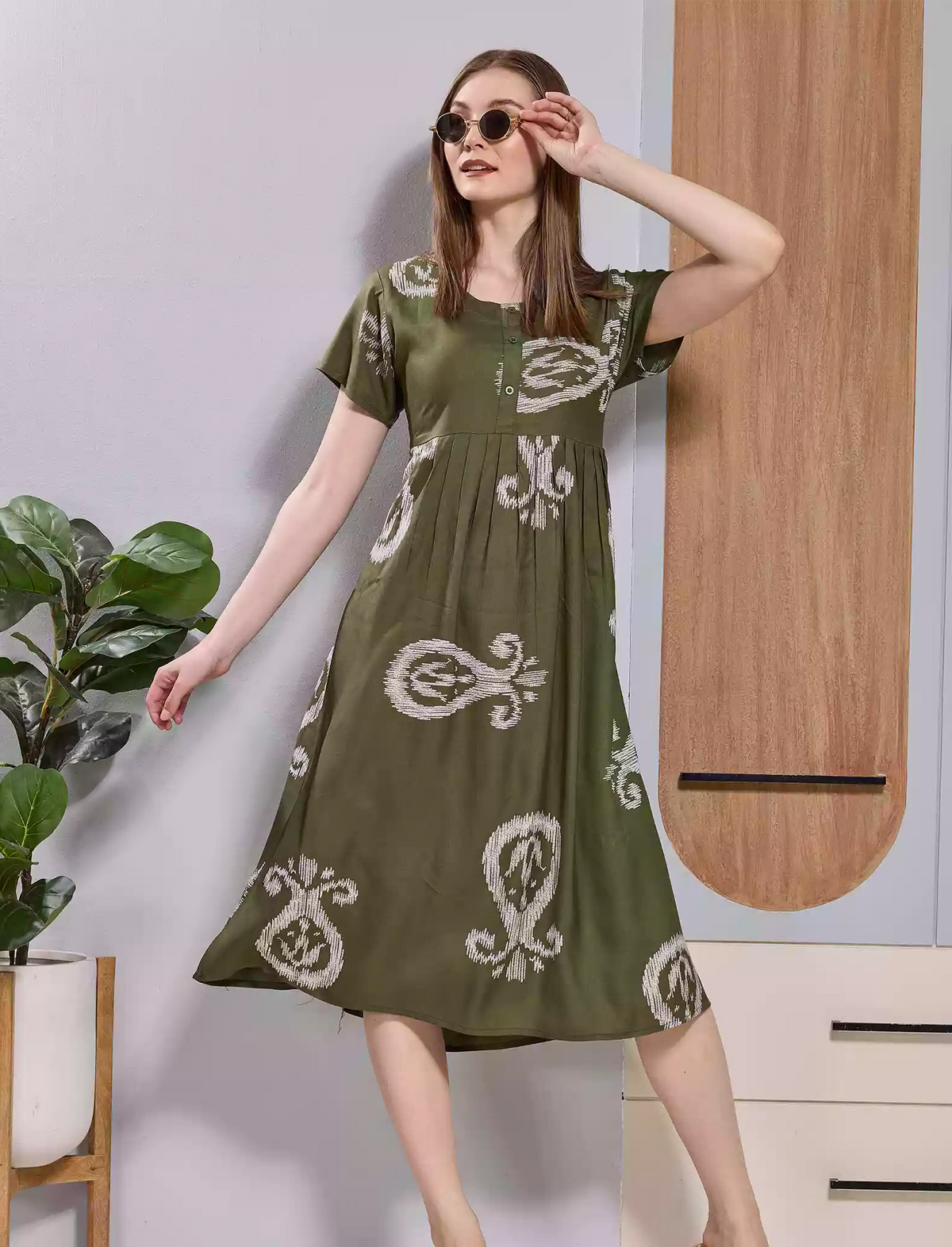 Black Paisley Print Rayon Maxi Frock with Front Button & Side Pocket - Mangai Nighties