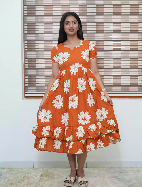 Orange Floral Rayon Frill Maxi Frock with Back Tie - Mangai Nighties