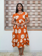 Orange Floral Rayon Frill Maxi Frock with Back Tie - Mangai Nighties