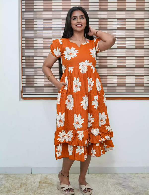 Orange Floral Rayon Frill Maxi Frock with Back Tie - Mangai Nighties