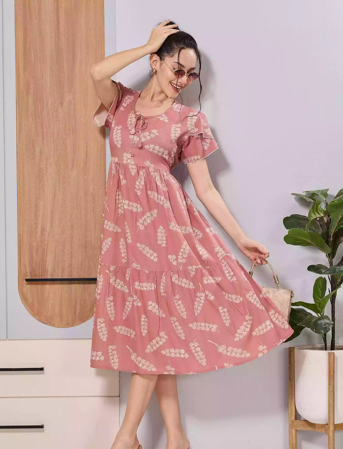 Peach Floral Rayon Comfortable Flared Maxi Dress for Women