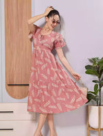 Peach Floral Rayon Comfortable Flared Maxi Dress for Women
