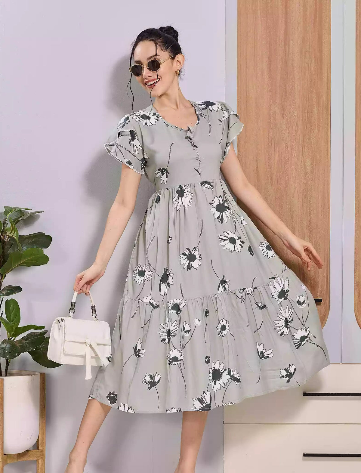 Sage Grey Rayon Zipless Maxi with Fancy Petal Sleeve's - Mangai Nighties 