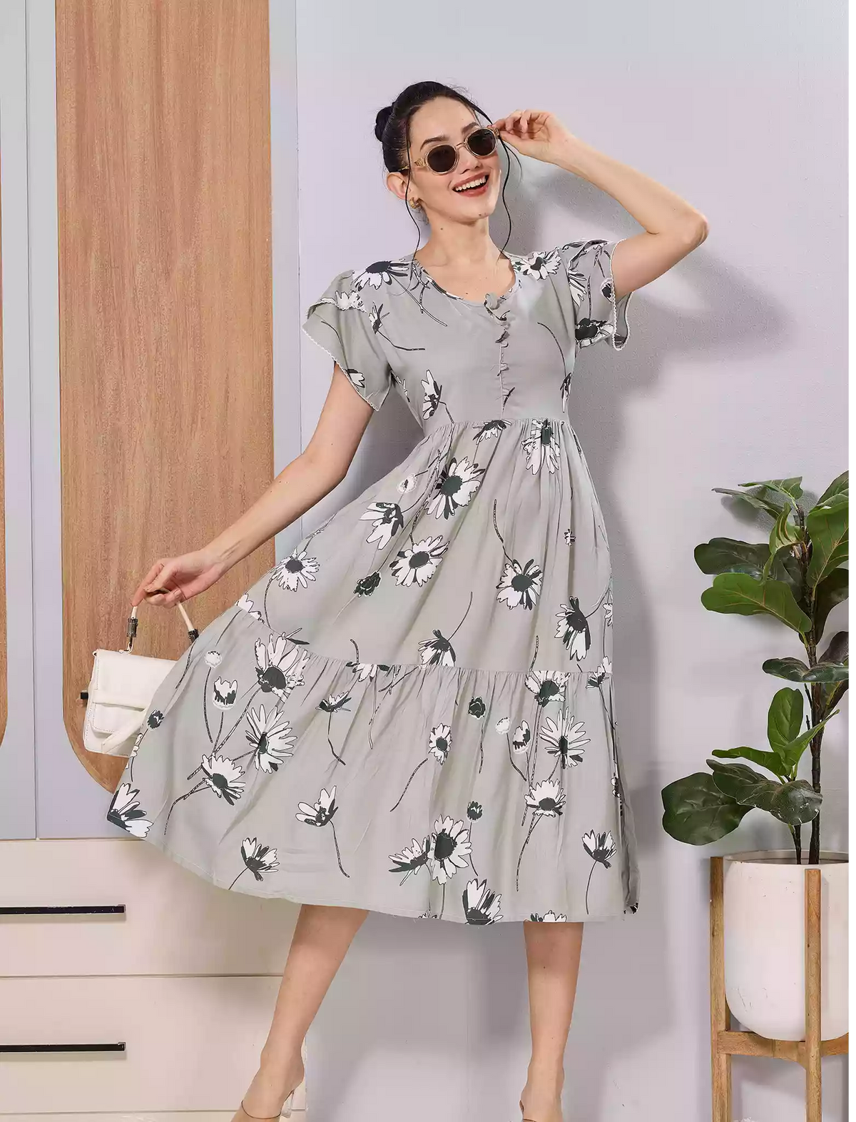 Sage Grey Floral Rayon Flared Zipless Maxi with Back Tie Bow