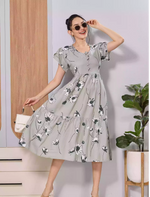 Sage Grey Floral Rayon Flared Zipless Maxi with Back Tie Bow