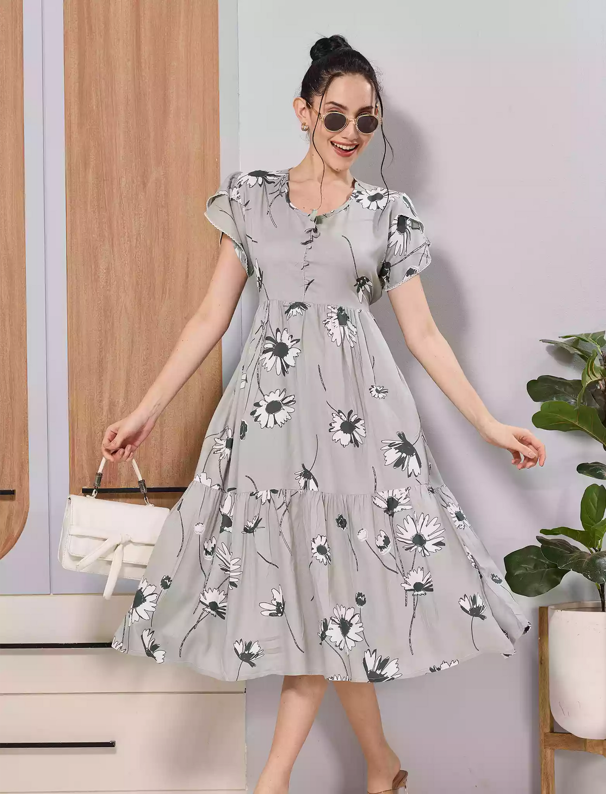 Mangai Nighties Sage Grey Floral Rayon Flared Zipless Maxi - Mangai Nighties 