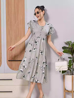 Sage Grey Floral Petal Sleeve Comfortable Rayon Maxi Dress
