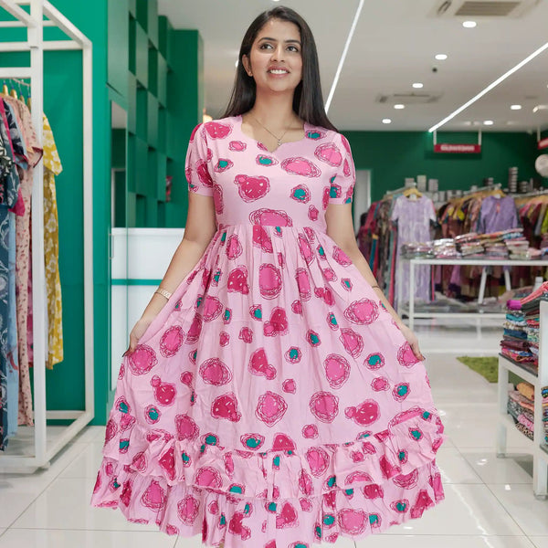 Pink Floral print Maxi flared frock - Mangai Nighties 