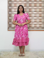 Pink Leaf Print Rayon Frill Maxi with Puff Sleeve- Mangai Nighties