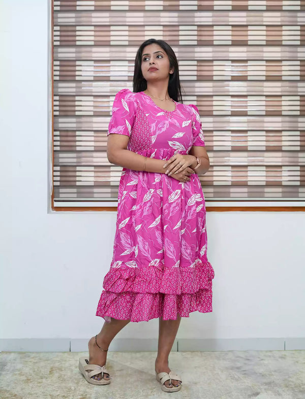 Pink Leaf Print Rayon Frill Maxi with Puff Sleeve  - Mangai Nighties