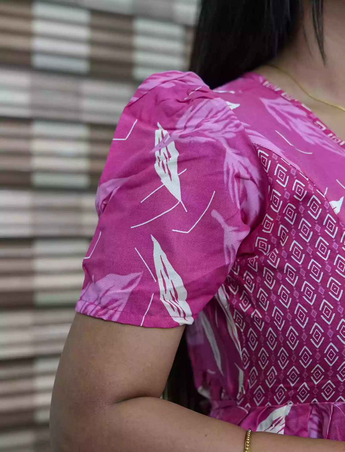 Pink Leaf Print Rayon Frill Maxi with Puff Sleeve- Mangai Nighties