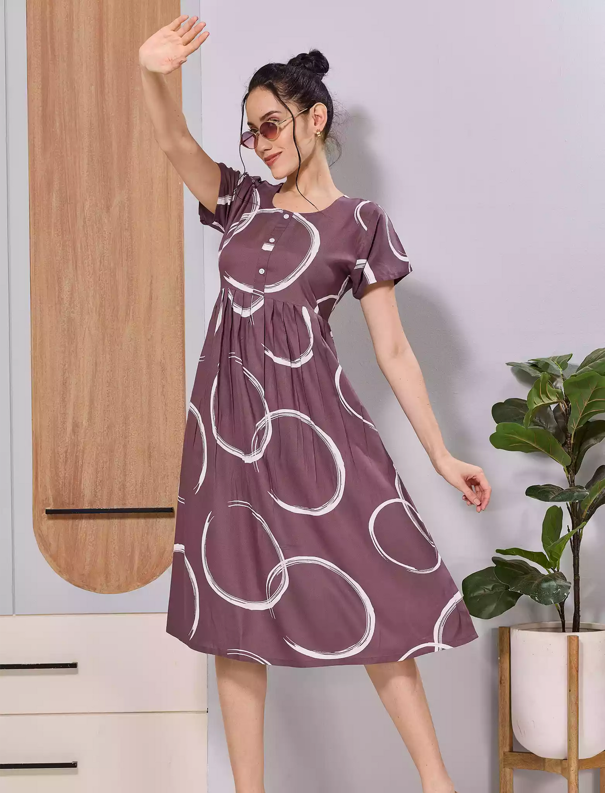 Teal Green White Circle Print Soft Rayon Zipless Maxi Frock with Side Pocket - Mangai Nighties
