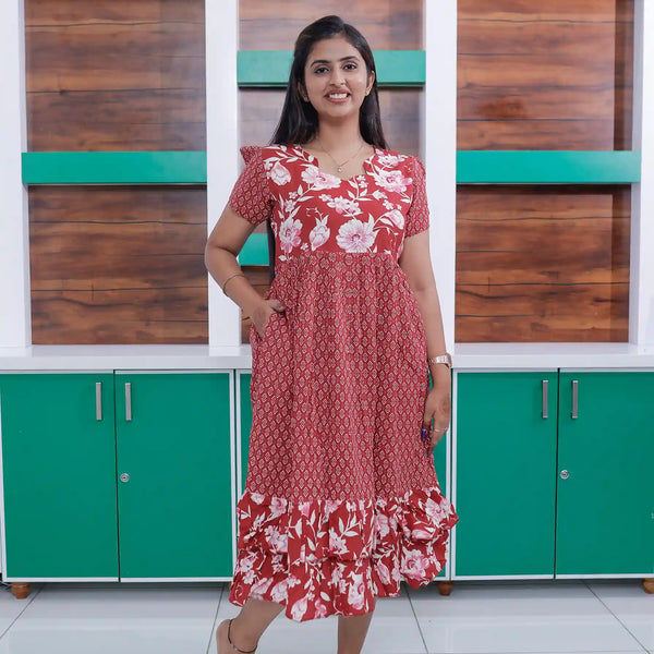 Red Rayon Frilled Layer Maxi for Women - Mangai Nighties 