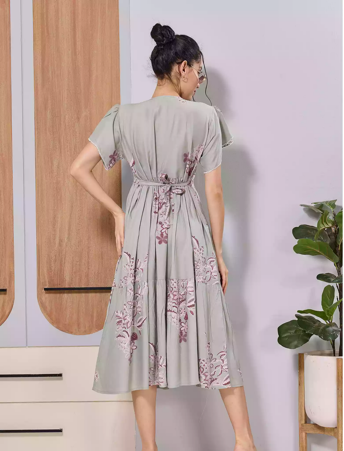 Sage Grey Floral Print Rayon Maxi with Adjustable Back Tie - Mangai Nighties 