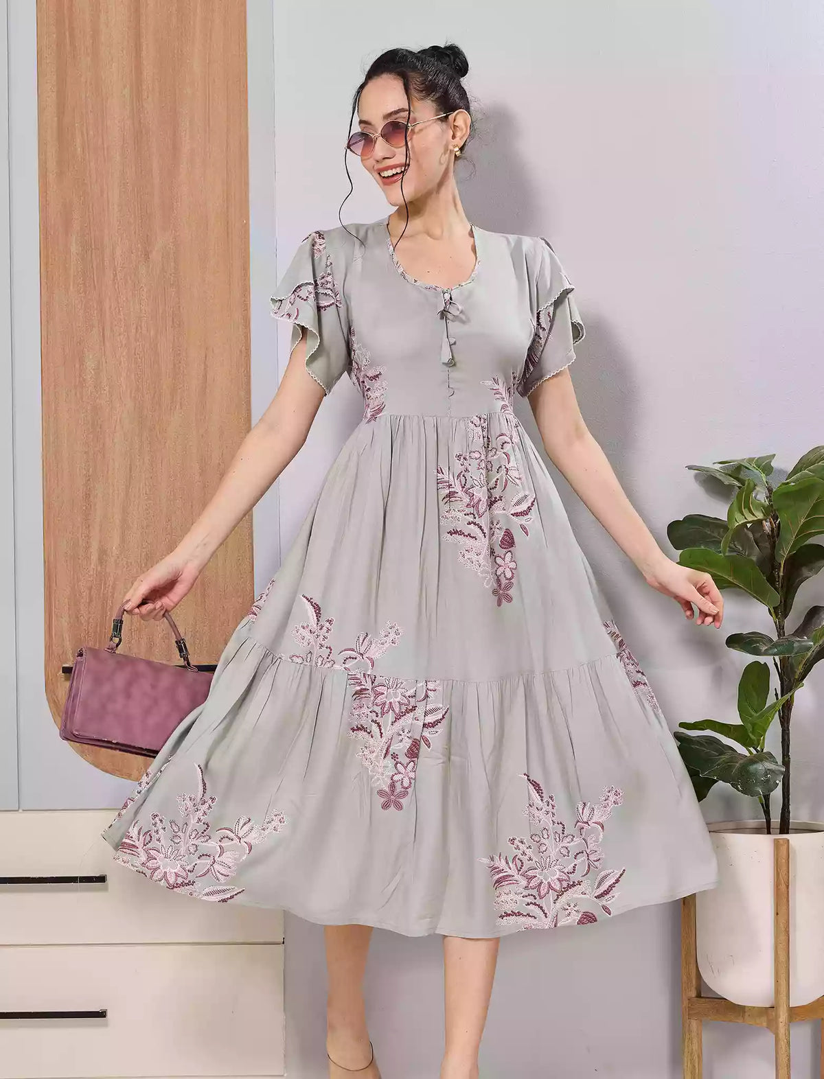 Sage Grey Floral Print Rayon Maxi with Back Tie and Neck Bow