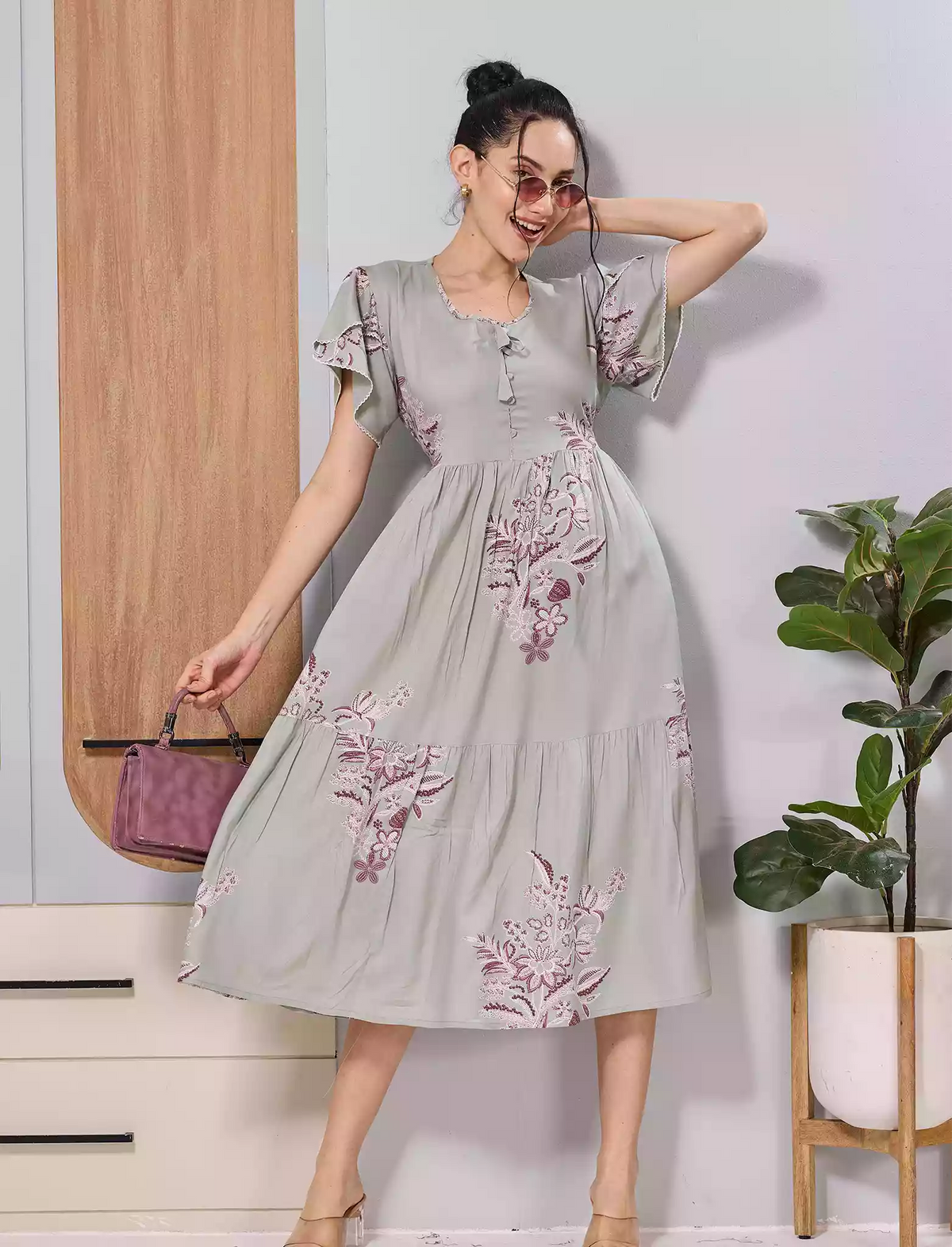 Sage Grey Floral Print Petal Sleeve Flared Maxi for Women
