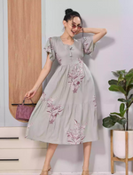 Sage Grey Floral Print Petal Sleeve Flared Maxi for Women