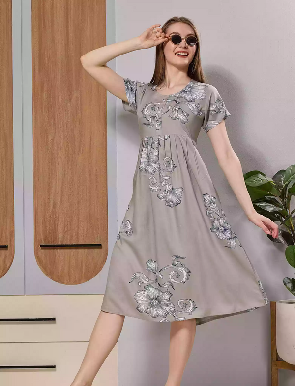 Taupe Grey Floral Soft Rayon Maxi Frock Half Sleeve Pocket