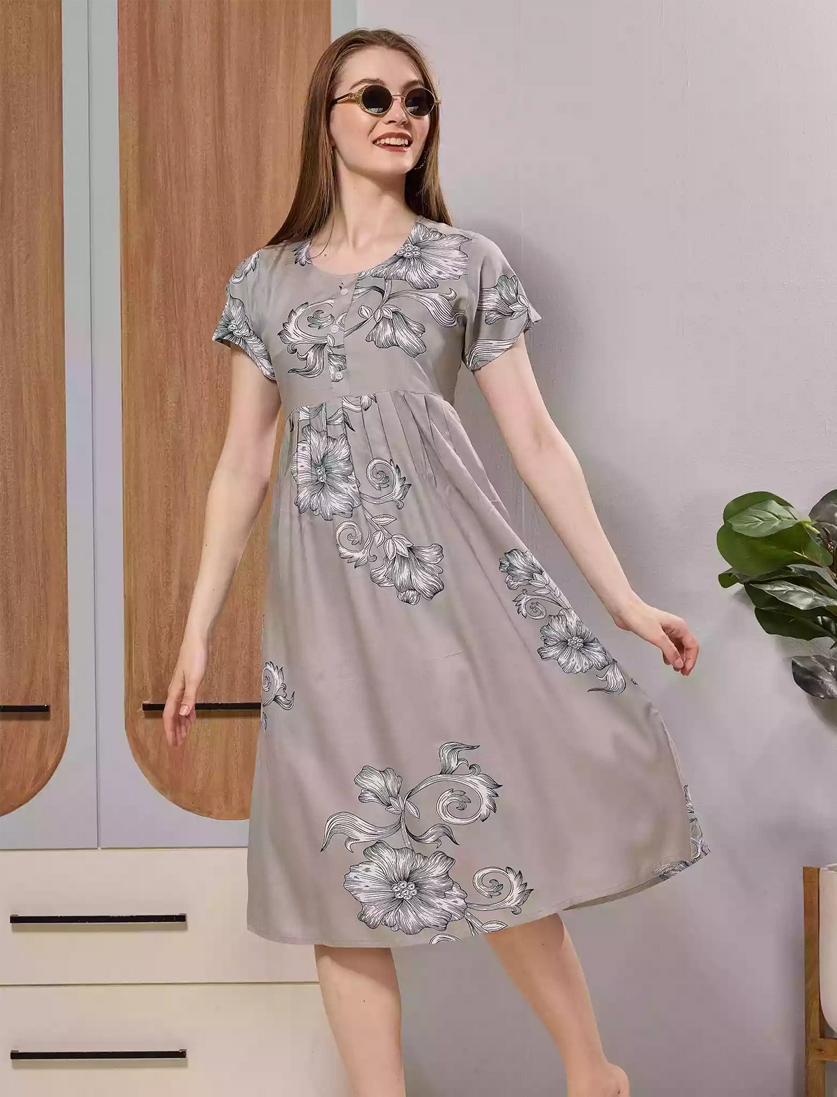 Taupe Grey Floral Print Soft Rayon Long Maxi Frock with Side Pocket - Mangai Nighties