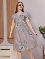 Taupe Grey Floral Print Soft Rayon Long Maxi Frock with Side Pocket - Mangai Nighties