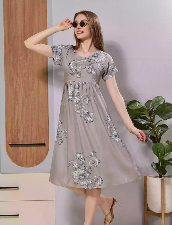 Soft Rayon Taupe Grey Floral Print Front Button Maxi Frock Pocket
