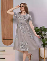 Taupe Grey Floral Print Soft Rayon Long Maxi Frock with Side Pocket - Mangai Nighties