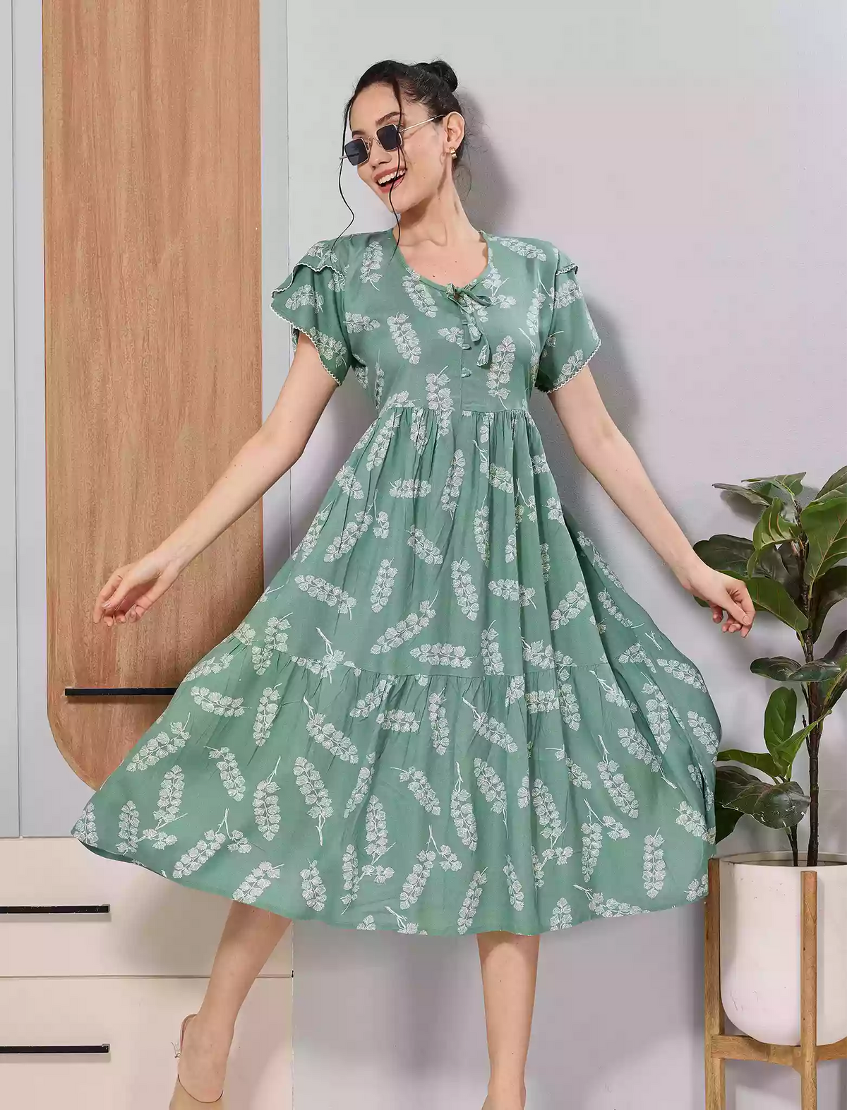 Teal Green Floral Print Rayon Petal Sleeve Maxi with Pocket - Mangai Nighties 