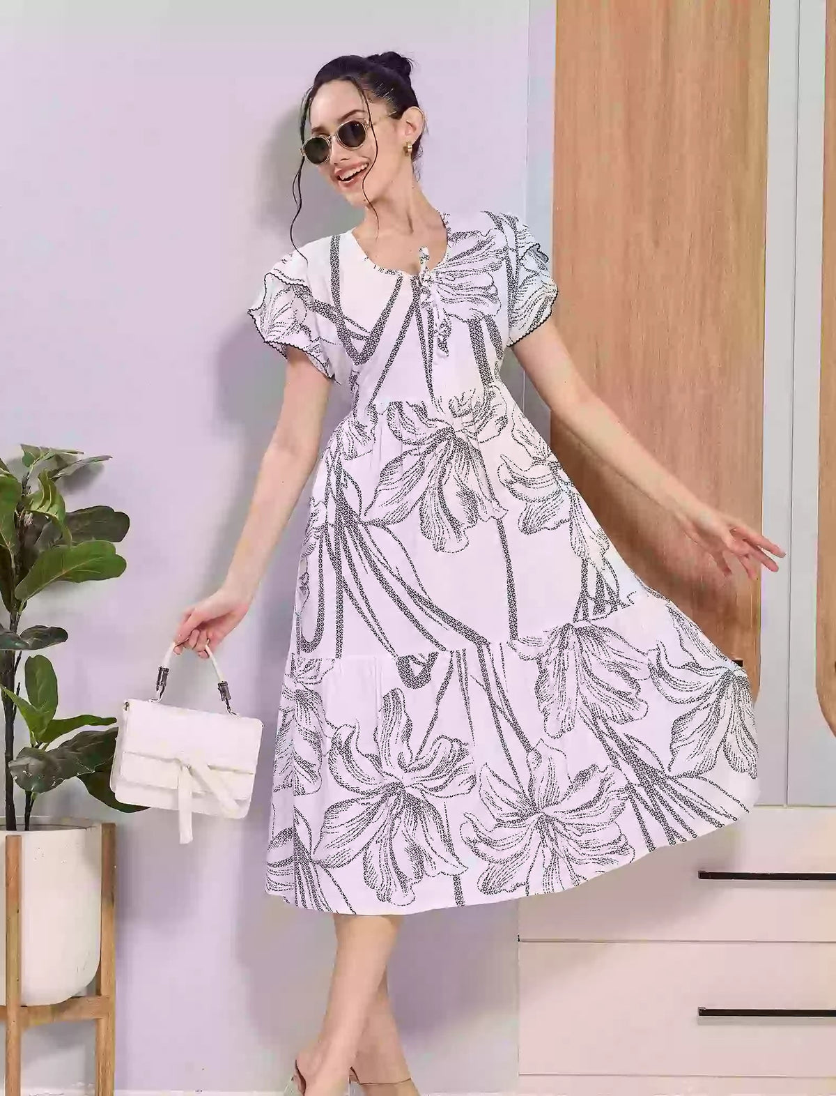 White Floral Print Elegant Flared Rayon Maxi Dress for Women