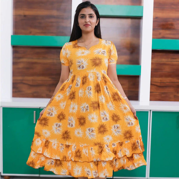 Yellow Rayon Maxi Frock with Frilled Layer Bottom - Mangai Nighties 