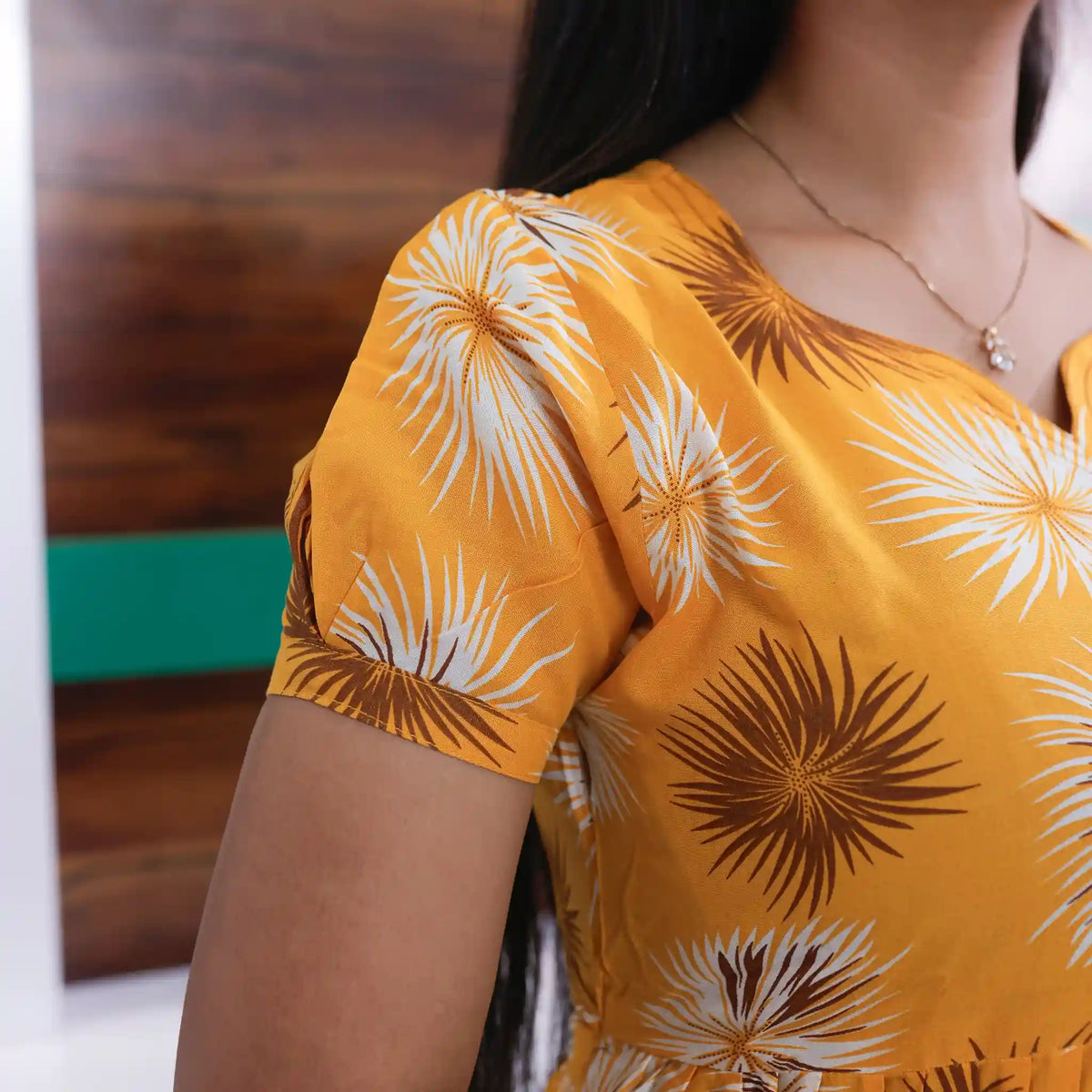 Yellow Abstract Floral Burst Printed Maxi with Short Puff sleeve - Mangai Nighties 