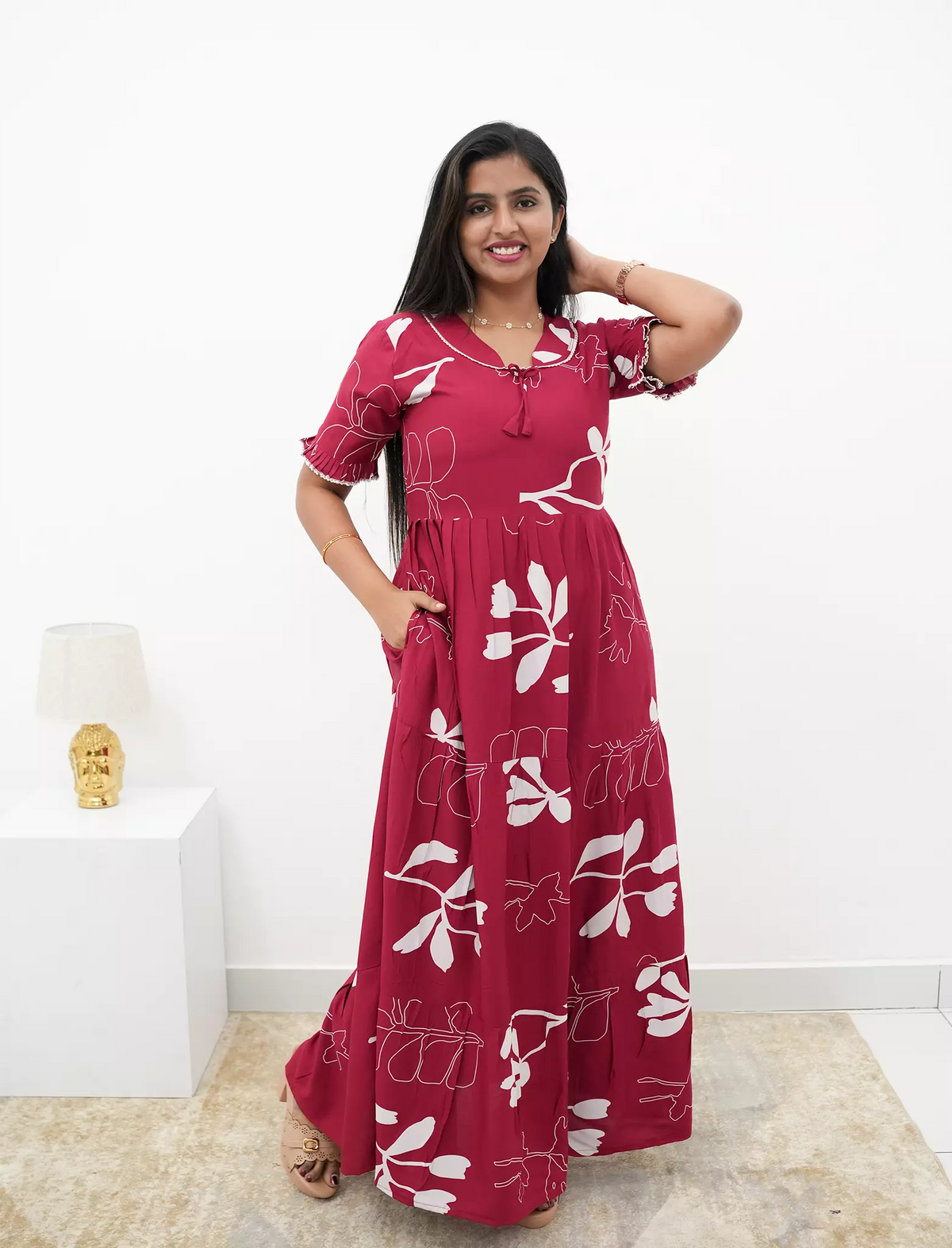 Raspberry Pink Printed Long Frock with Bow Neck Side View - Mangai Nighties 