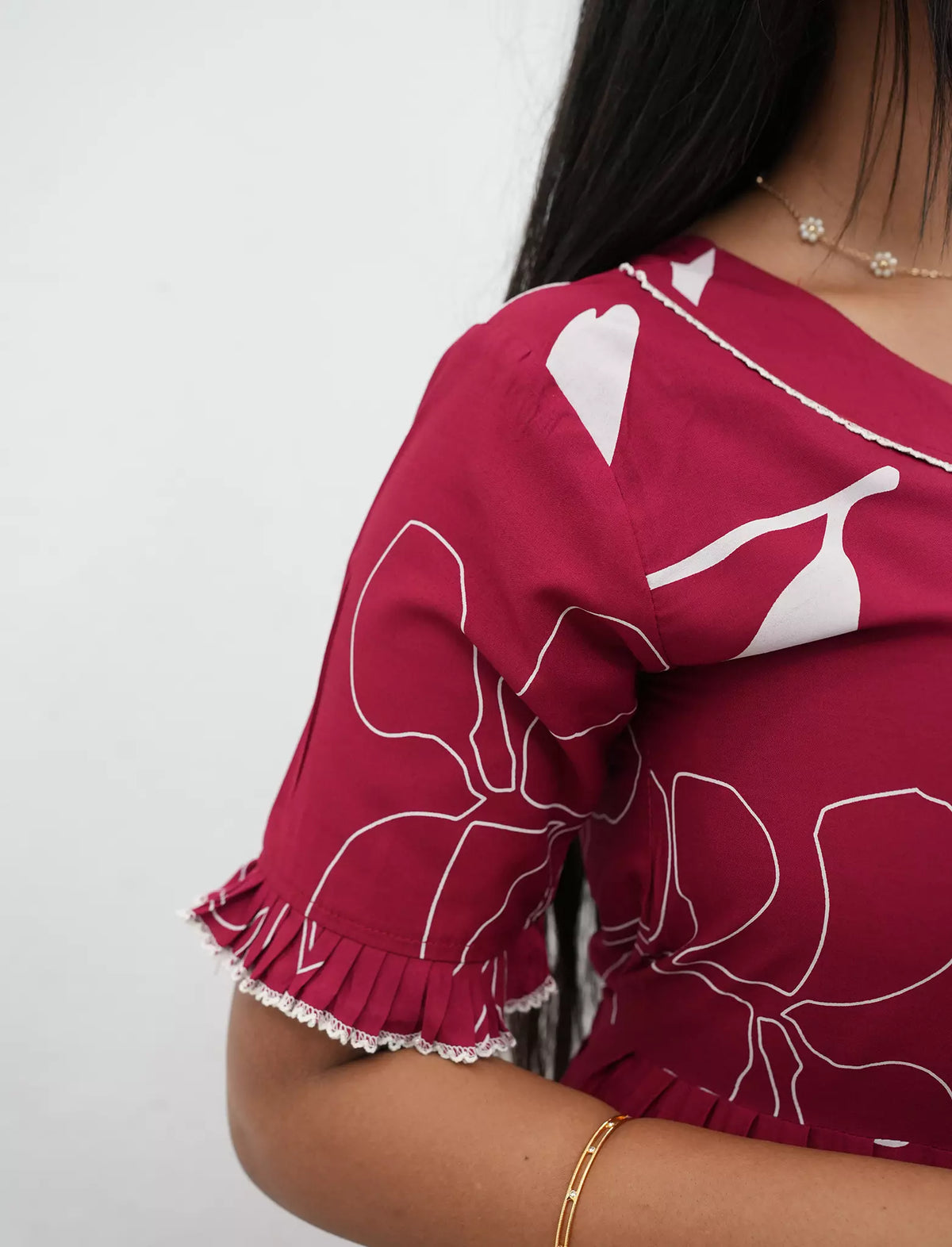 Raspberry Pink Rayon Layered Long Frock with Frilled Sleeves - Mangai Nighties 