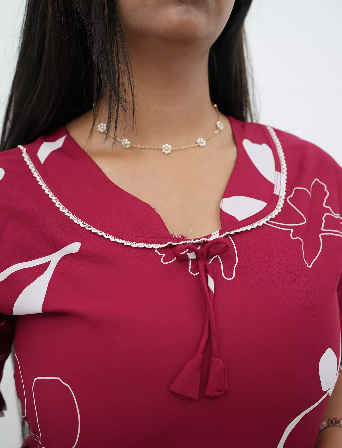 Raspberry Pink Rayon Full Flare Dress with Bow Neck Detail Women Nightwear - Mangai Nighties 