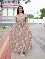 Beige Rayon Long Frock Bow Neck & Tie Rope for Women - Mangai Nighties 