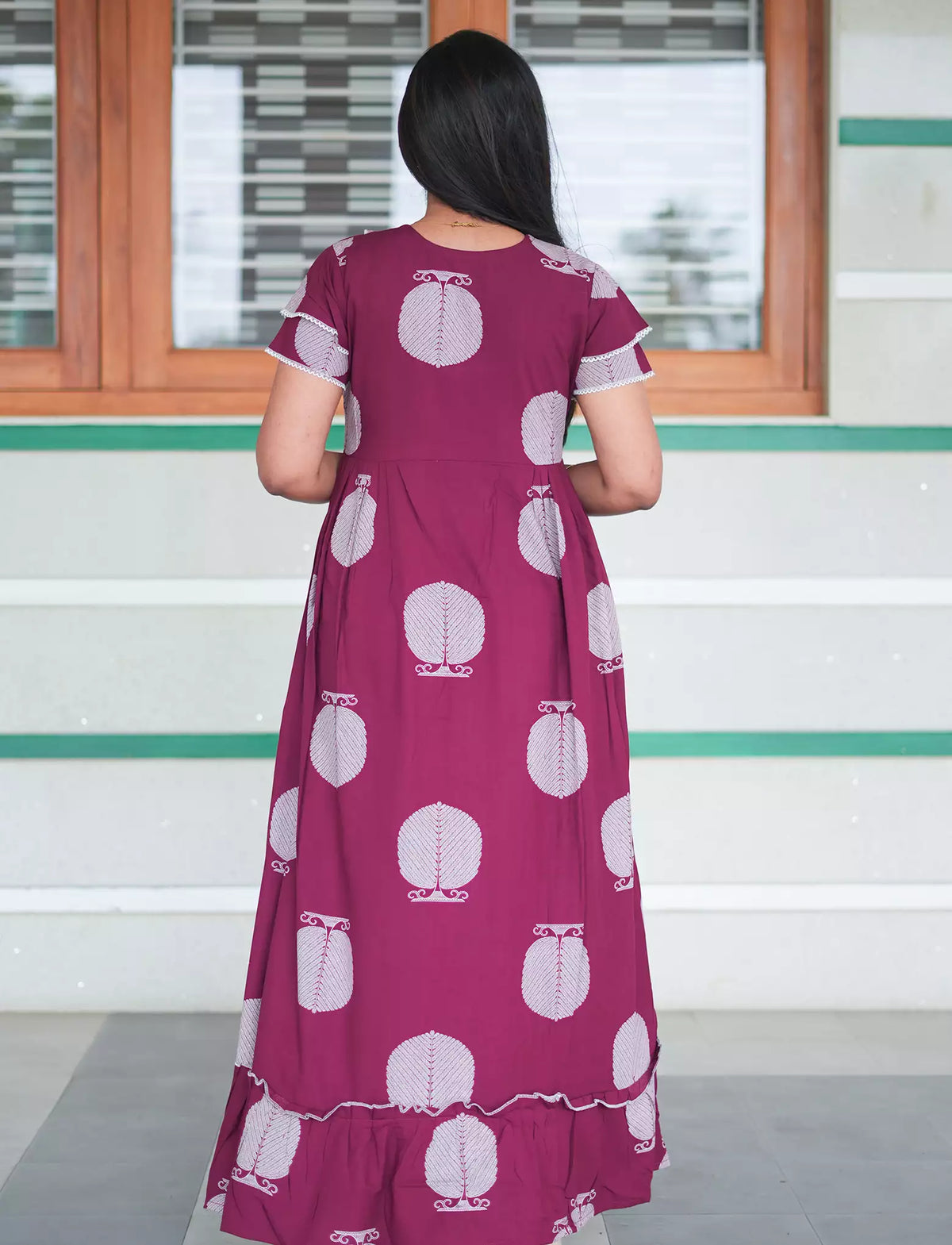 Berry Pink Botanical Print Rayon Front Zipper Feeding Full Frock with Side Pocket - Mangai Nighties