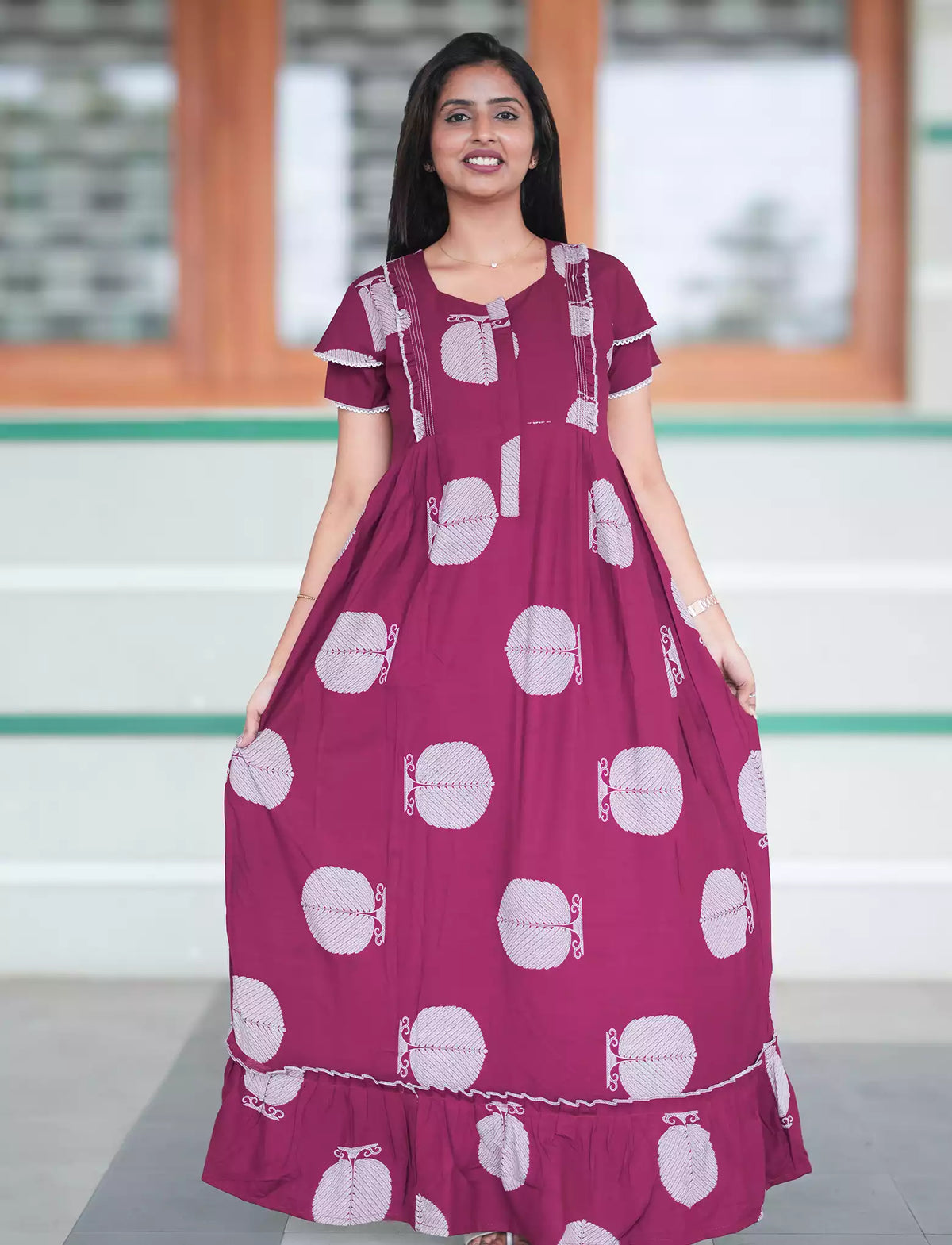Berry Pink Botanical Print Rayon Front Zipper Feeding Full Frock with Side Pocket - Mangai Nighties